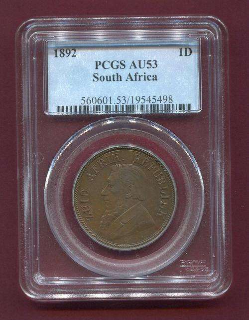 1892 KRUGER PENNY PCGS GRADED AU 53 - ZUID AFRIKAANSCHE REPUBLIEK - RARE - CV 4000-10000