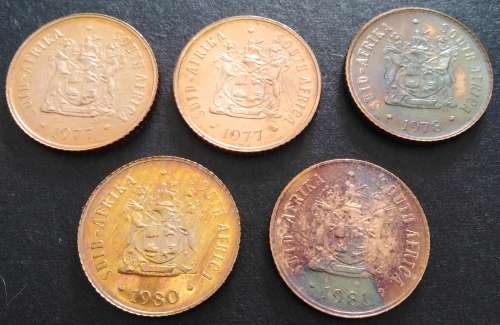 5 x Proof 1c Coins, 1977, 1978, 1980, 1981