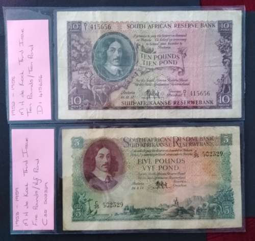 1952-1958 M H de Kock (ENG/AFR) Ten Pound and Five Pound Notes  (Third Issue)