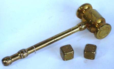 Solid Brass Mallet and two Dice.