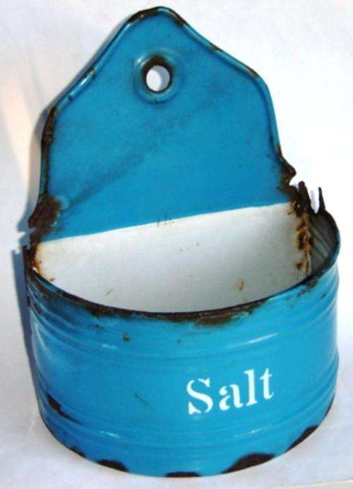 Scandinavian Vintage Blue Enamelware Salt Holder.
