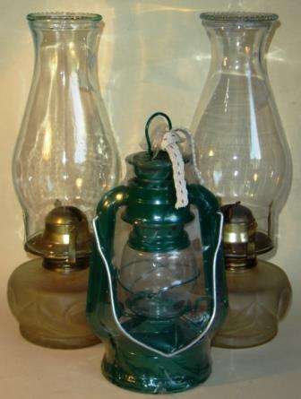 Two Glass Paraffin Lamps plus one Green Paraffin Hanging Lamp.  ( Price for the three)