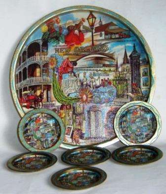 Set of 6 coasters and tray, made by Ken Haag.   New Orleans pictures  (x)