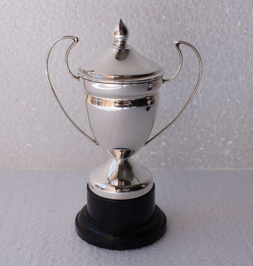 13cm Small Antique / Vintage Silver Plated Trophy (with top/lid) on a Black Plastic Stand