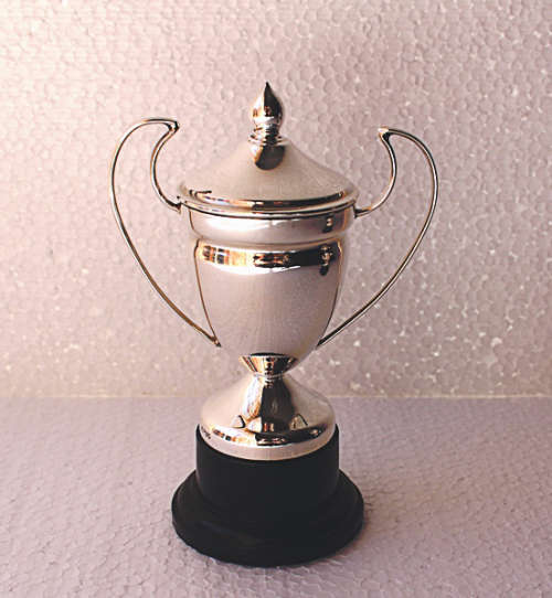 13cm Small Antique / Vintage Silver Plated Trophy (with top/lid) on a Black Plastic Stand