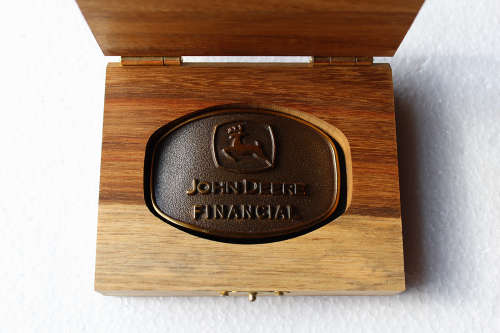 John Deere Solid Brass Belt Buckle in Wooden Box