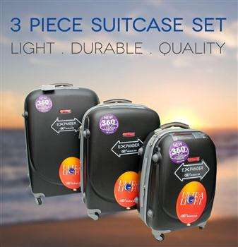 3 PIECE ULTRA LIGHT LUGGAGE SET - BLACK  HARDSHELL ABS WITH 360 DEGREE 4 WHEEL MOTION - BRAND NEW