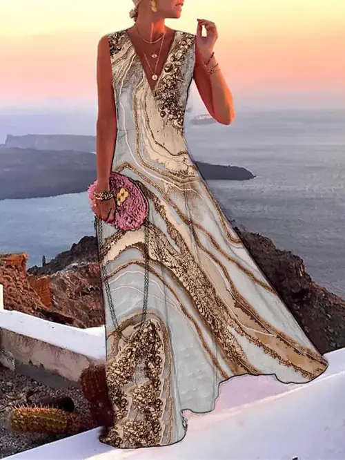 Maxi Dress - Gold & White Splash Print (L)