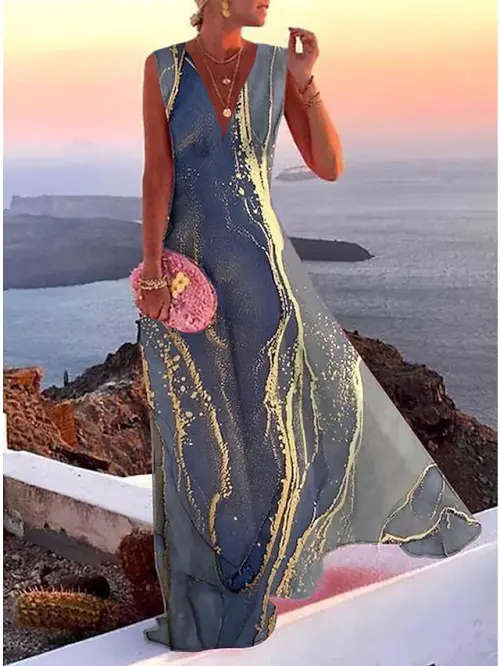 Maxi Dress - Blue & Gold Splash Print (XXL)
