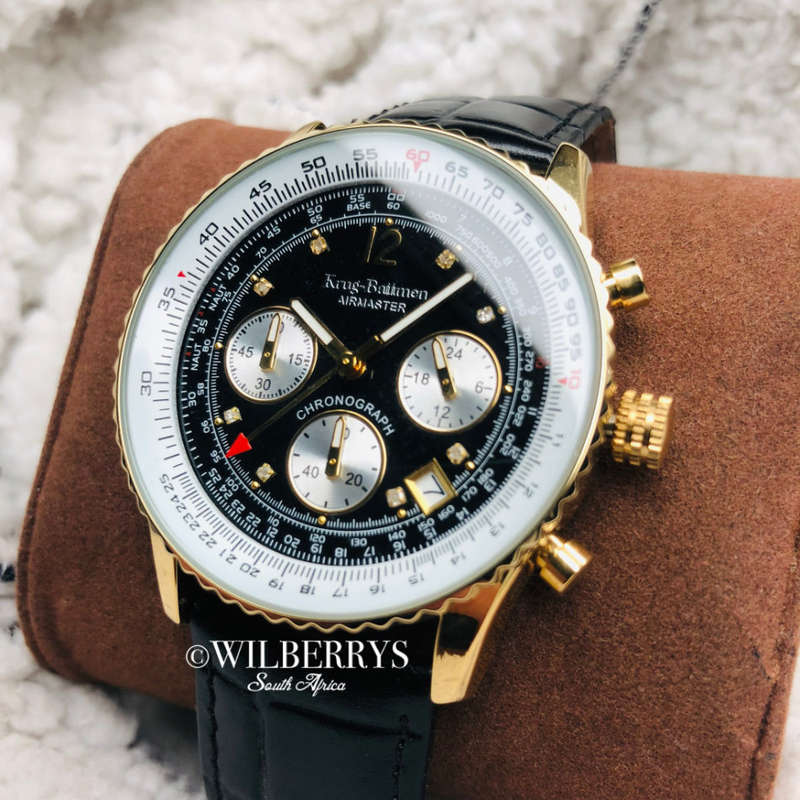 Retail: £775/ R12,975.00 Krug-Baumen Mens Air Master Diamond Black Leather Chornograph Watch