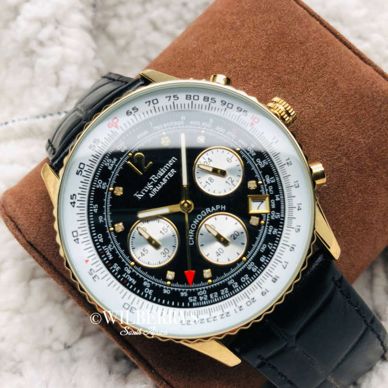 Retail: £775/ R12,975.00 Krug-Baumen Mens Air Master Diamond Black Leather Chornograph Watch