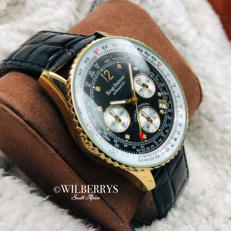 Retail: £775/ R12,975.00 Krug-Baumen Mens Air Master Diamond Black Leather Chornograph Watch