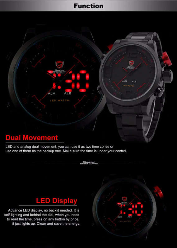 SHARK Digital Dual Movement 50MM HUGE Alarm Stainless Steel Case Leather Strap Sport Watch BRAND NEW