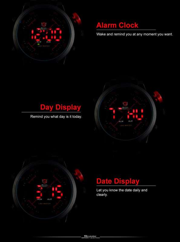 SHARK Digital Dual Movement 50MM HUGE Alarm Stainless Steel Case Leather Strap Sport Watch BRAND NEW