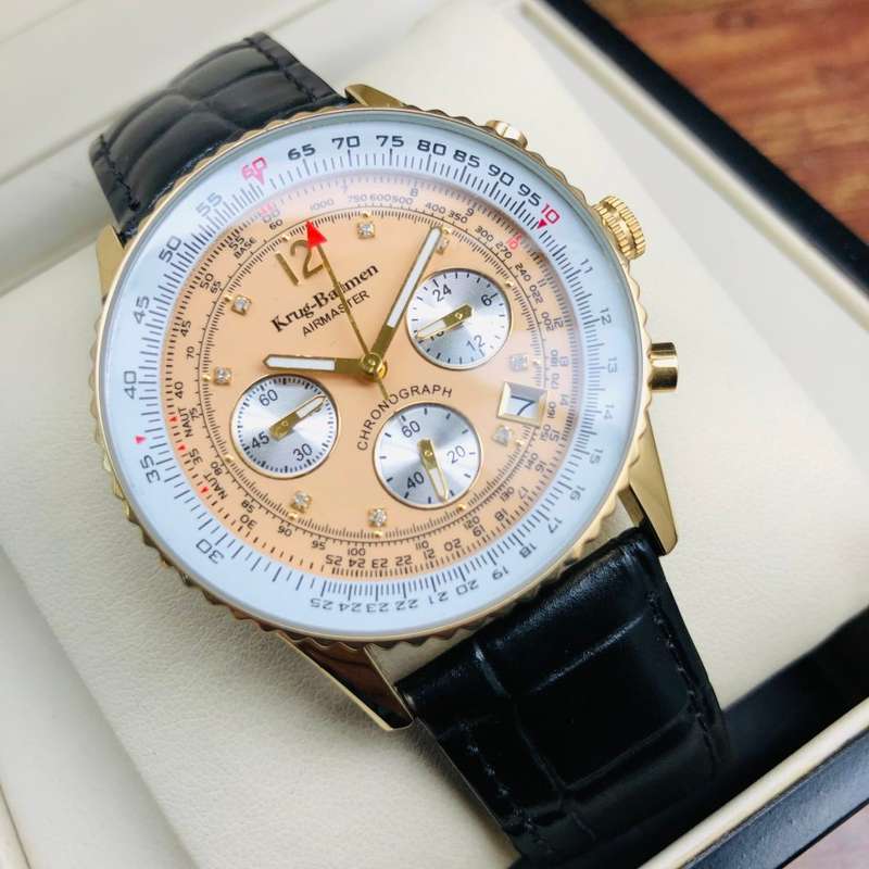 Retail: £395/ R8,975.00 Krug-Baumen Mens Air Traveller Diamond 40mm Black Leather Chornograph Watch