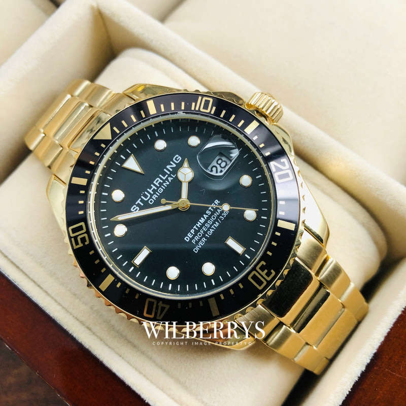 Retail: R7,999.00 STUHRLING ORIGINAL® Men's DEPTHMASTER GOLD pl EDITION Watch BRAND NEW
