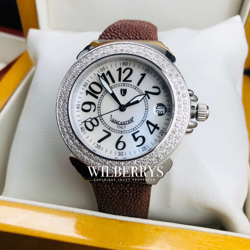 Retail: R25,000.00 Lancaster Italy Women's 112 Diamond Pilola Leather Giuloche Band Watch BRAND NEW