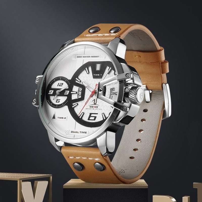 WEIDE Men`s Gigantaur 50mm Leather Tan Dual Time + ALARM Watch BRAND NEW official SA store