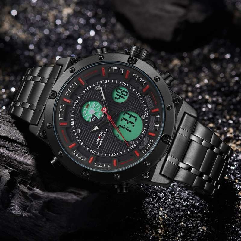 WEIDE Men's Goblin Ionic Steel 48mm Red Trim Dual Time + ALARM Watch BRAND NEW official SA store
