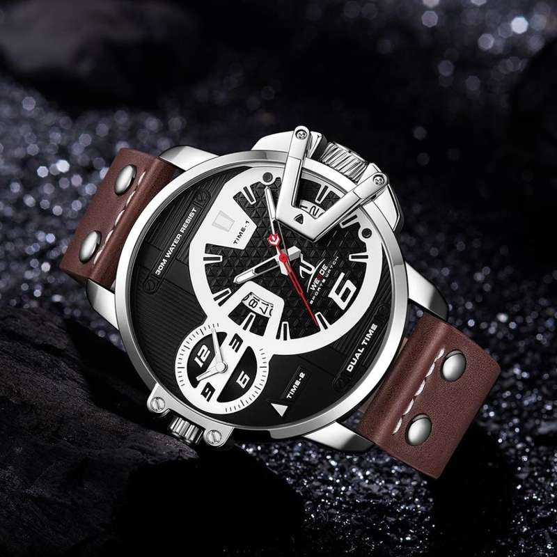 WEIDE Men's Gigantaur 50mm Brown Leather Dual Time + ALARM Watch BRAND NEW official SA store