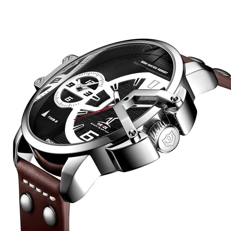 WEIDE Men's Gigantaur 50mm Brown Leather Dual Time + ALARM Watch BRAND NEW official SA store