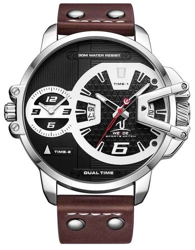 WEIDE Men's Gigantaur 50mm Brown Leather Dual Time + ALARM Watch BRAND NEW official SA store