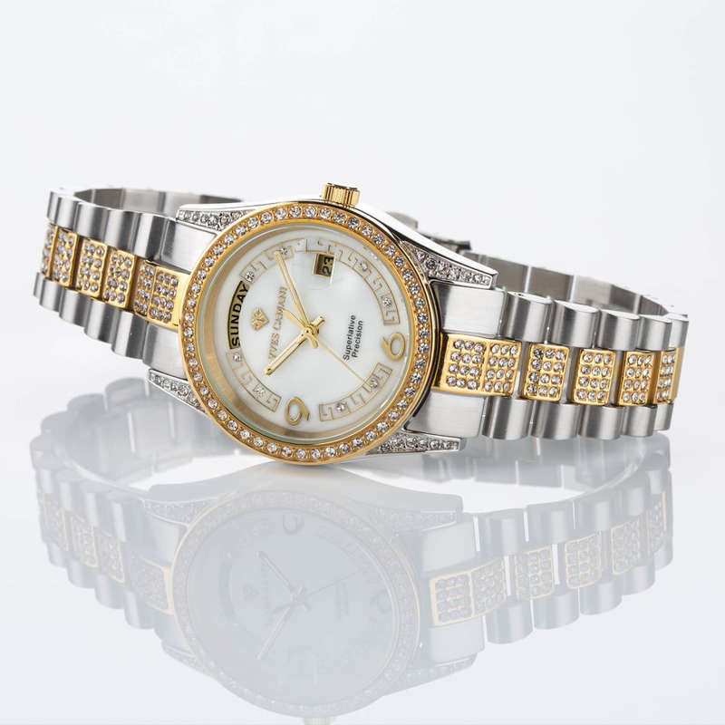 YVES CAMANI Women's Archimedes Rose Gold pl CUBIC ZIRCONIA and Pearl Dial DATE Watch + Gold Tin