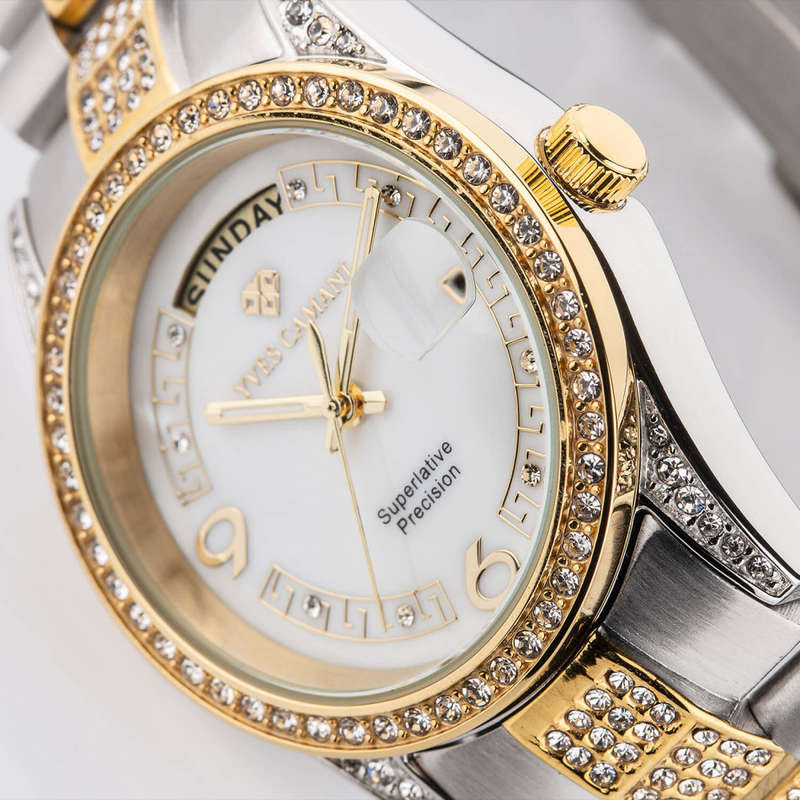 YVES CAMANI Women's Archimedes Rose Gold pl CUBIC ZIRCONIA and Pearl Dial DATE Watch + Gold Tin