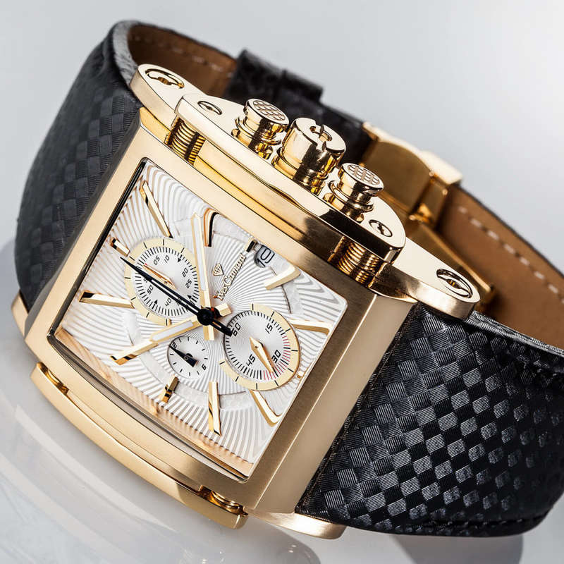 YVES CAMANI Men's Escaut Black/Gold Plated Chrono with Carbon Fibre Leather Watch + Gold Tin