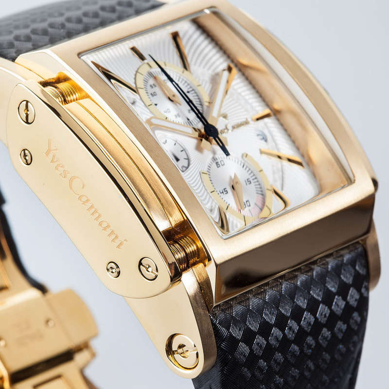 YVES CAMANI Men's Escaut Black/Gold Plated Chrono with Carbon Fibre Leather Watch + Gold Tin