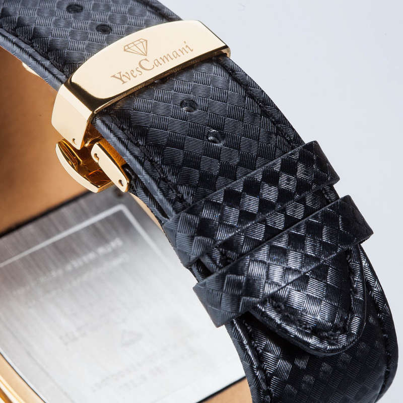 YVES CAMANI Men's Escaut Black/Gold Plated Chrono with Carbon Fibre Leather Watch + Gold Tin