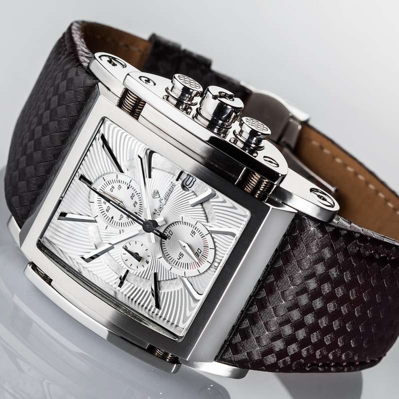 YVES CAMANI Men's Escaut Chrono with Carbon Fibre Leather Watch + Gold Tin BARND NEW