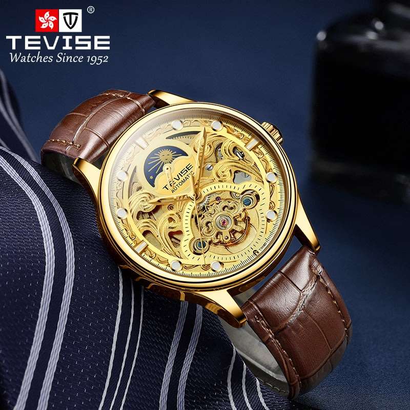 Retail: R2,399.00 TEVISE ® Men's Pirogue II Leather Automatic Moonphase Gold Trim Watch BRAND NEW