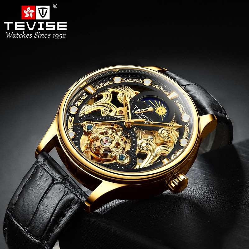 Retail: R2,399.00 TEVISE ® Men's Pirogue II Leather Automatic Moonphase Black Trim Watch BRAND NEW