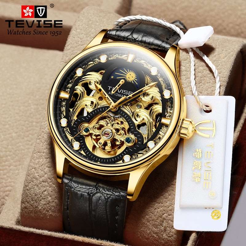 Retail: R2,399.00 TEVISE ® Men's Pirogue II Leather Automatic Moonphase Black Trim Watch BRAND NEW