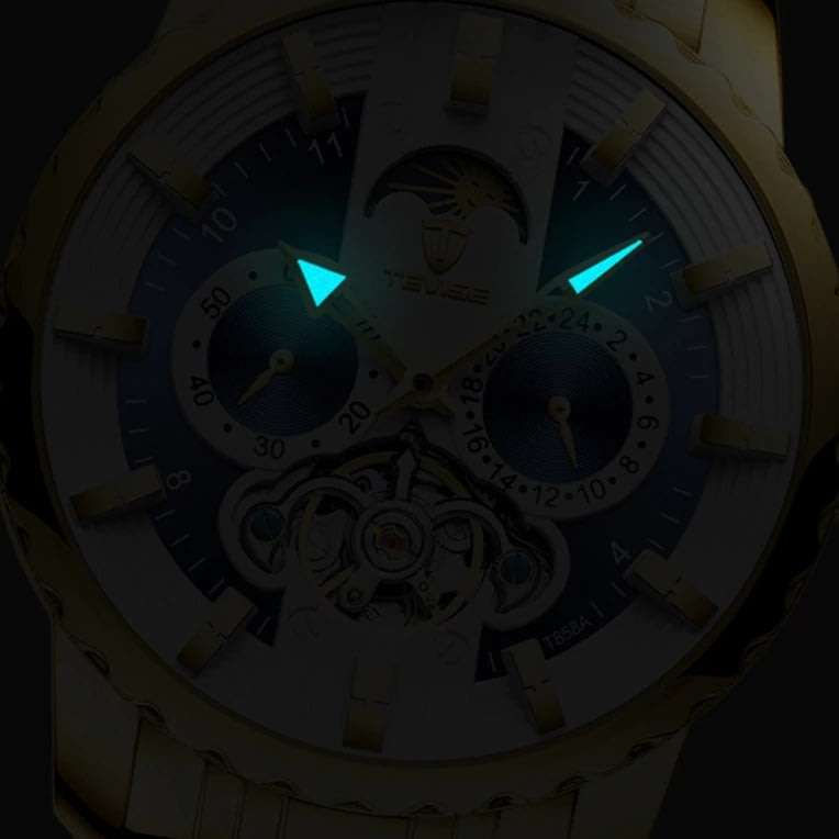 Retail: R2,399.00 TEVISE ® Men's Flemming Automatic Moonphase Gold/Black Watch BRAND NEW