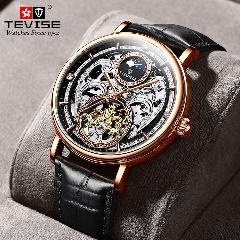 Retail: R2,599.00 TEVISE ® Men's MOONWALKER AUTOMATIC Moonphase Rose Gold Black Watch BRAND NEW