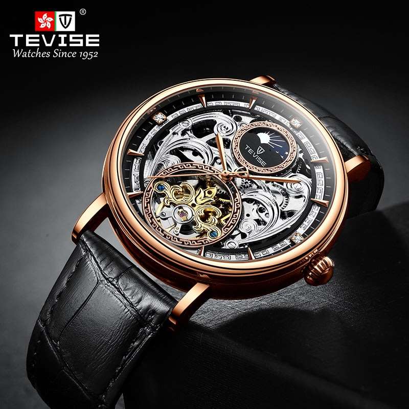 Retail: R2,599.00 TEVISE ® Men's MOONWALKER AUTOMATIC Moonphase Rose Gold Black Watch BRAND NEW
