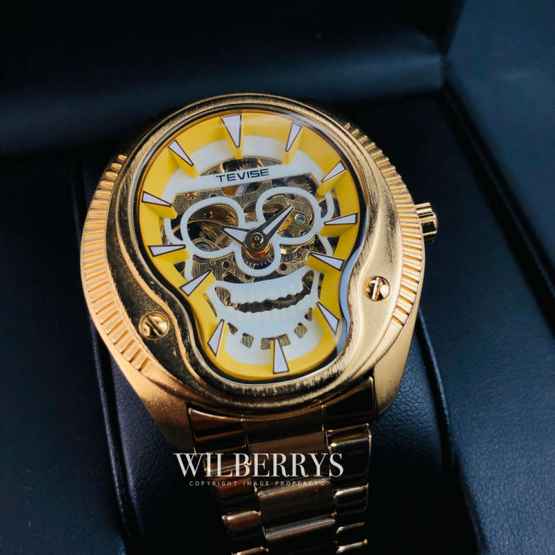Retail: R2,799.00 TEVISE ® Men's The Skull Steel Gold plated Luminous Automatic Watch BRAND NEW