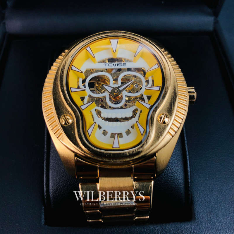 Retail: R2,799.00 TEVISE ® Men's The Skull Steel Gold plated Luminous Automatic Watch BRAND NEW