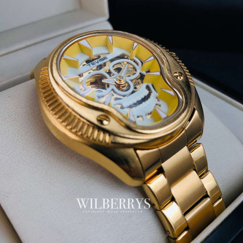 Retail: R2,799.00 TEVISE ® Men's The Skull Steel Gold plated Luminous Automatic Watch BRAND NEW