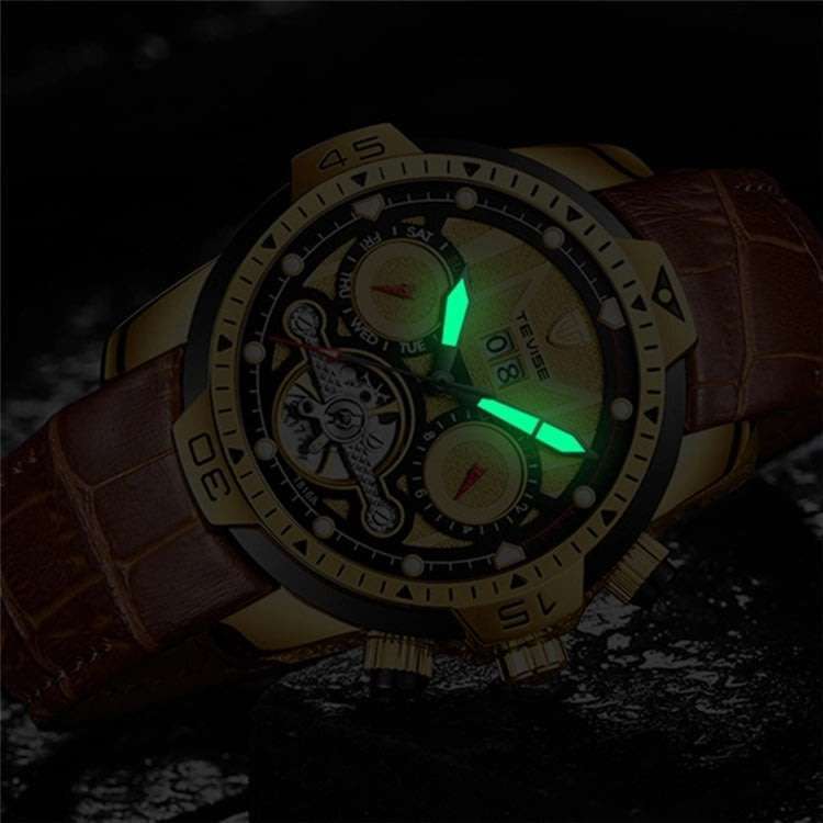 Retail: R2,799.00 TEVISE ® Men's El Diablo AUTOMATIC Leather Black Ionic Watch BRAND NEW
