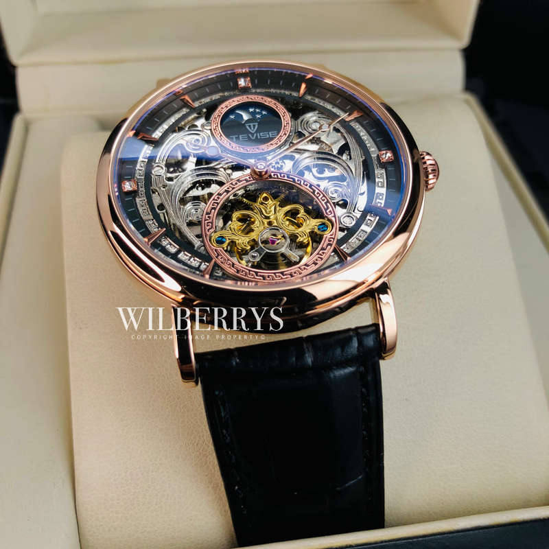 Retail: R2,599.00 TEVISE ® Men's MOONWALKER AUTOMATIC Moonphase Rose Gold Black Watch BRAND NEW