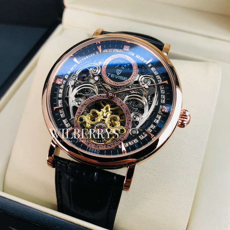 Retail: R2,599.00 TEVISE ® Men's MOONWALKER AUTOMATIC Moonphase Rose Gold Black Watch BRAND NEW