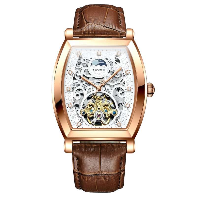 Retail: R2,899.00 TEVISE ® Men's Tonneux Tourbi Moonphase Automatic Rose Gold/Black Watch BRAND NEW