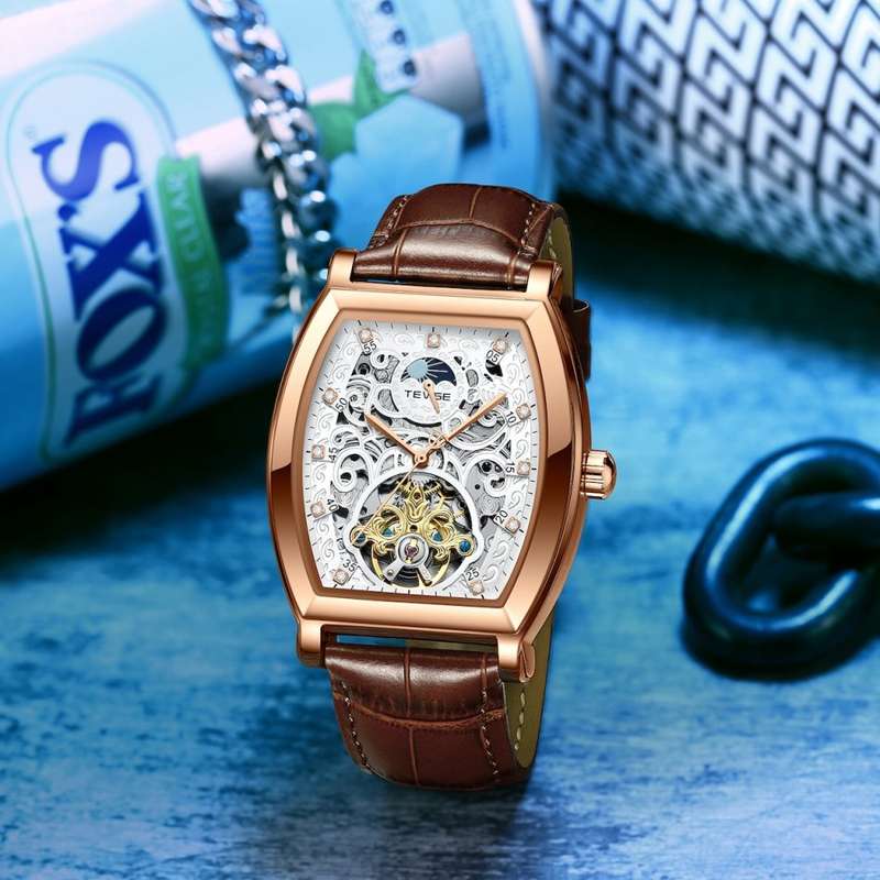Retail: R2,899.00 TEVISE ® Men's Tonneux Tourbi Moonphase Automatic Rose Gold/Black Watch BRAND NEW
