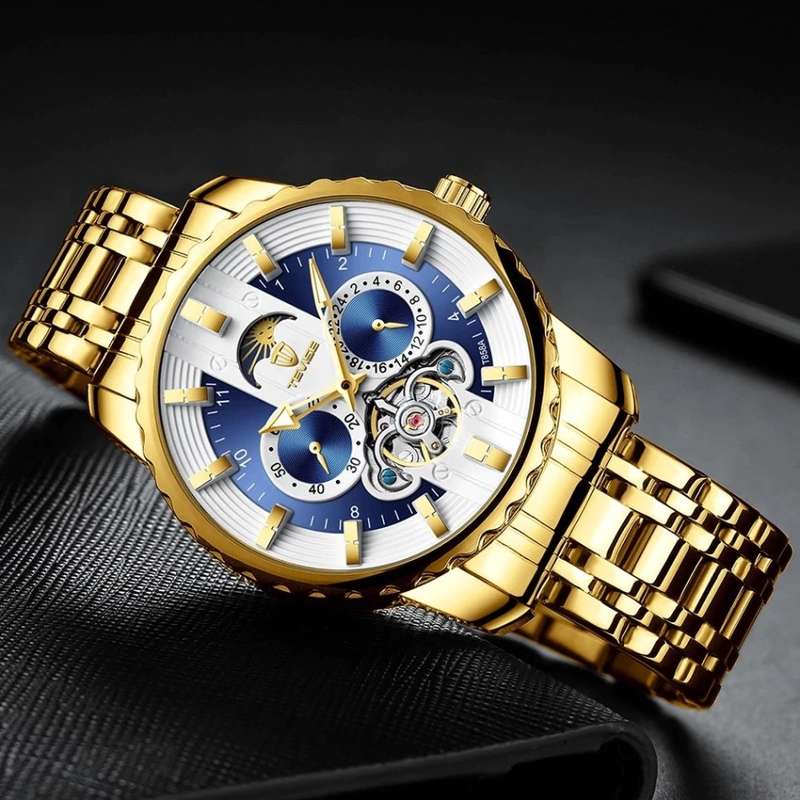Retail: R2,399.00 TEVISE ® Men's Flemming Automatic Moonphase Gold/Black Watch BRAND NEW
