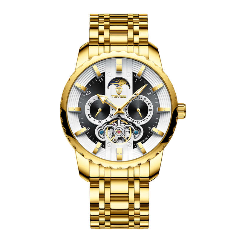 Retail: R2,399.00 TEVISE ® Men's Flemming Automatic Moonphase Gold/Black Watch BRAND NEW