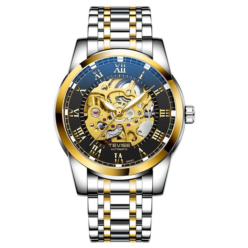 Retail: R1,999.00 TEVISE ® Men`s Skeleton Classic Steel Two Tone Black Watch BRAND NEW