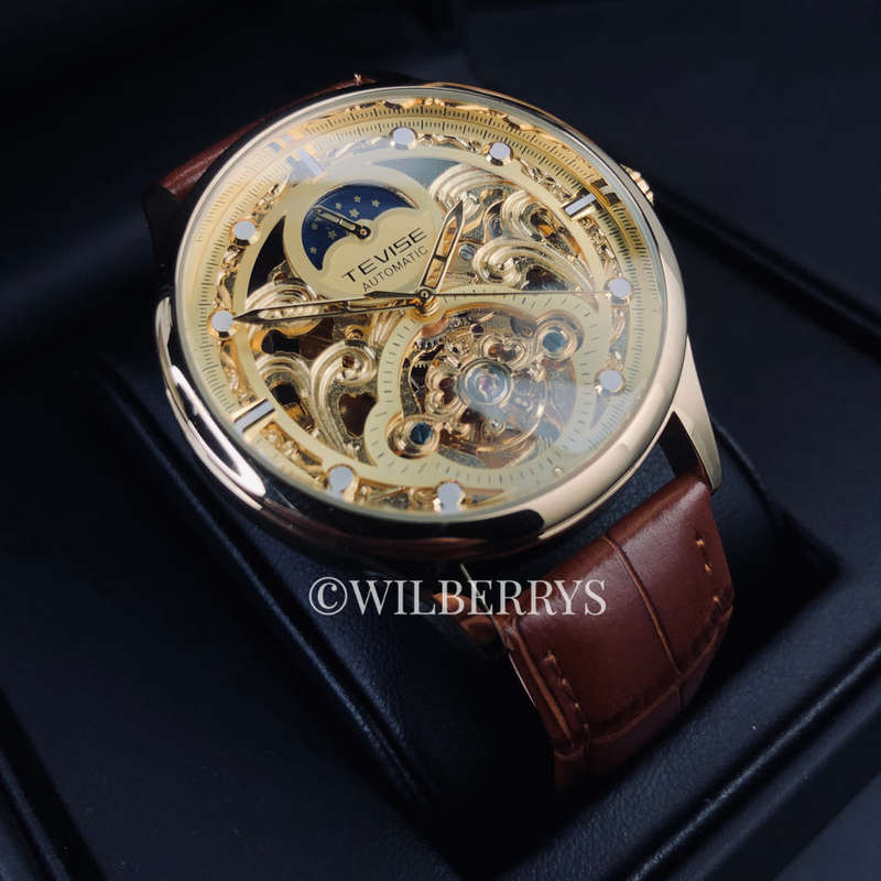 Retail: R2,399.00 TEVISE ® Men's Pirogue II Leather Automatic Moonphase Gold Trim Watch BRAND NEW